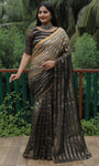 Mahendi High Quality Original Soft Linen Silk Saree With Golden Weaving Stripe