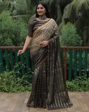 Mahendi High Quality Original Soft Linen Silk Saree With Golden Weaving Stripe