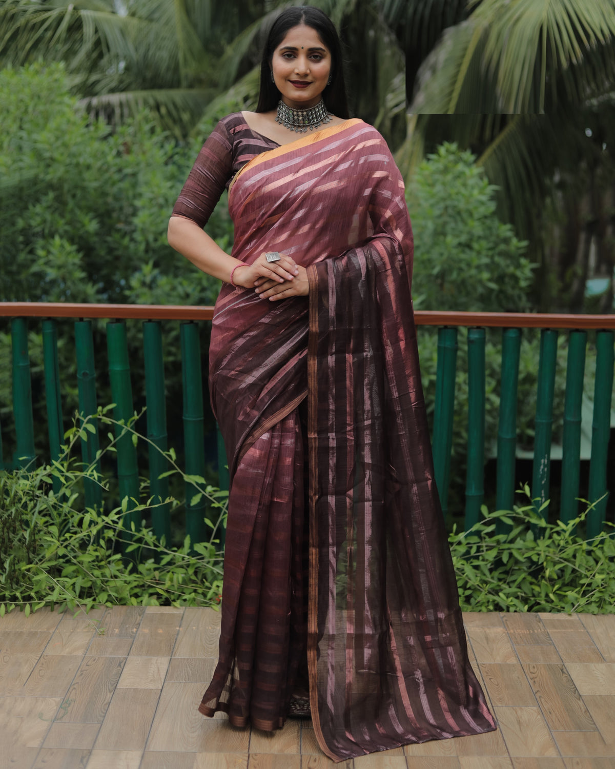 Maroon High Quality Original Soft Linen Silk Saree With Golden Weaving Stripe