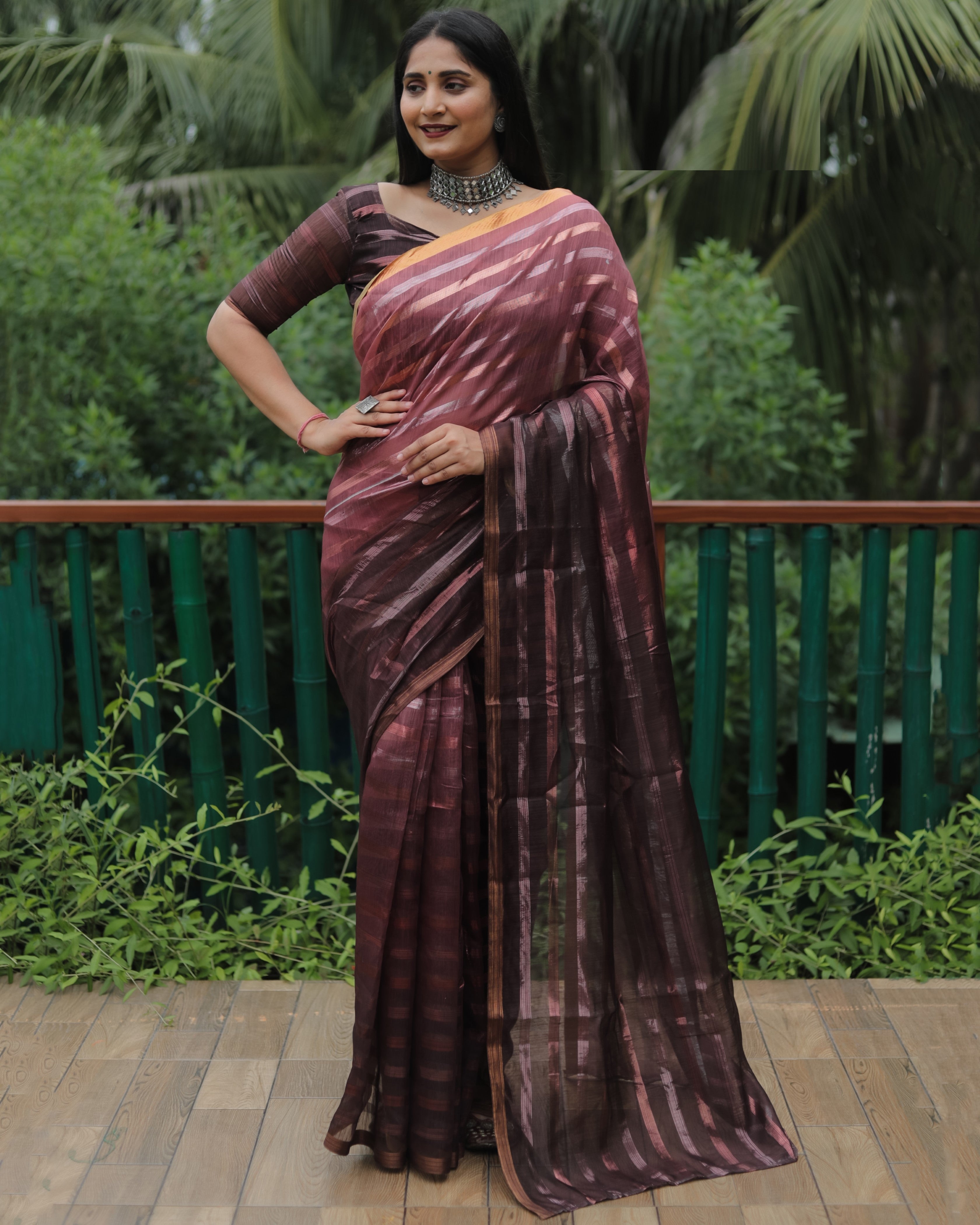 Maroon High Quality Original Soft Linen Silk Saree With Golden Weaving Stripe