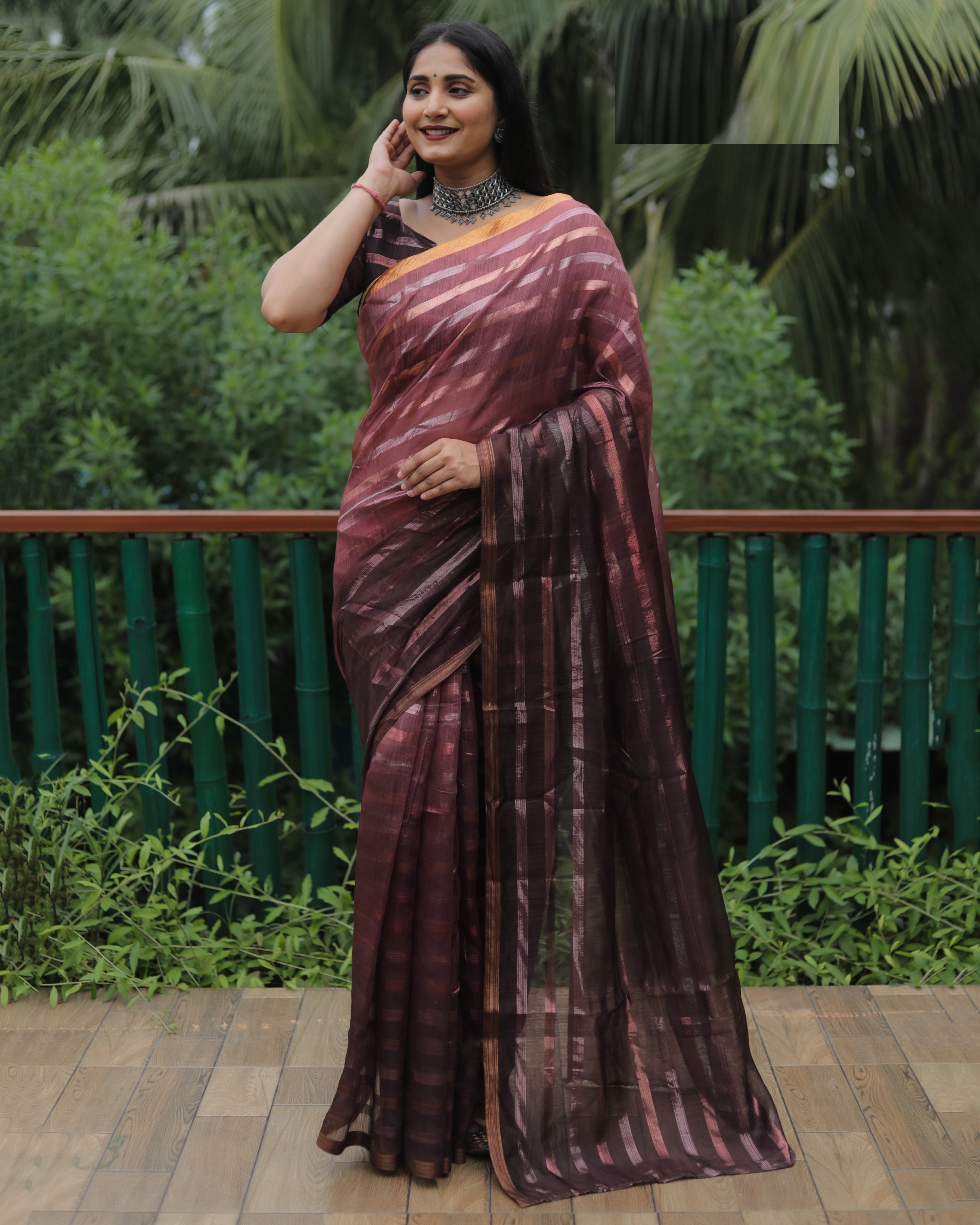 Maroon High Quality Original Soft Linen Silk Saree With Golden Weaving Stripe