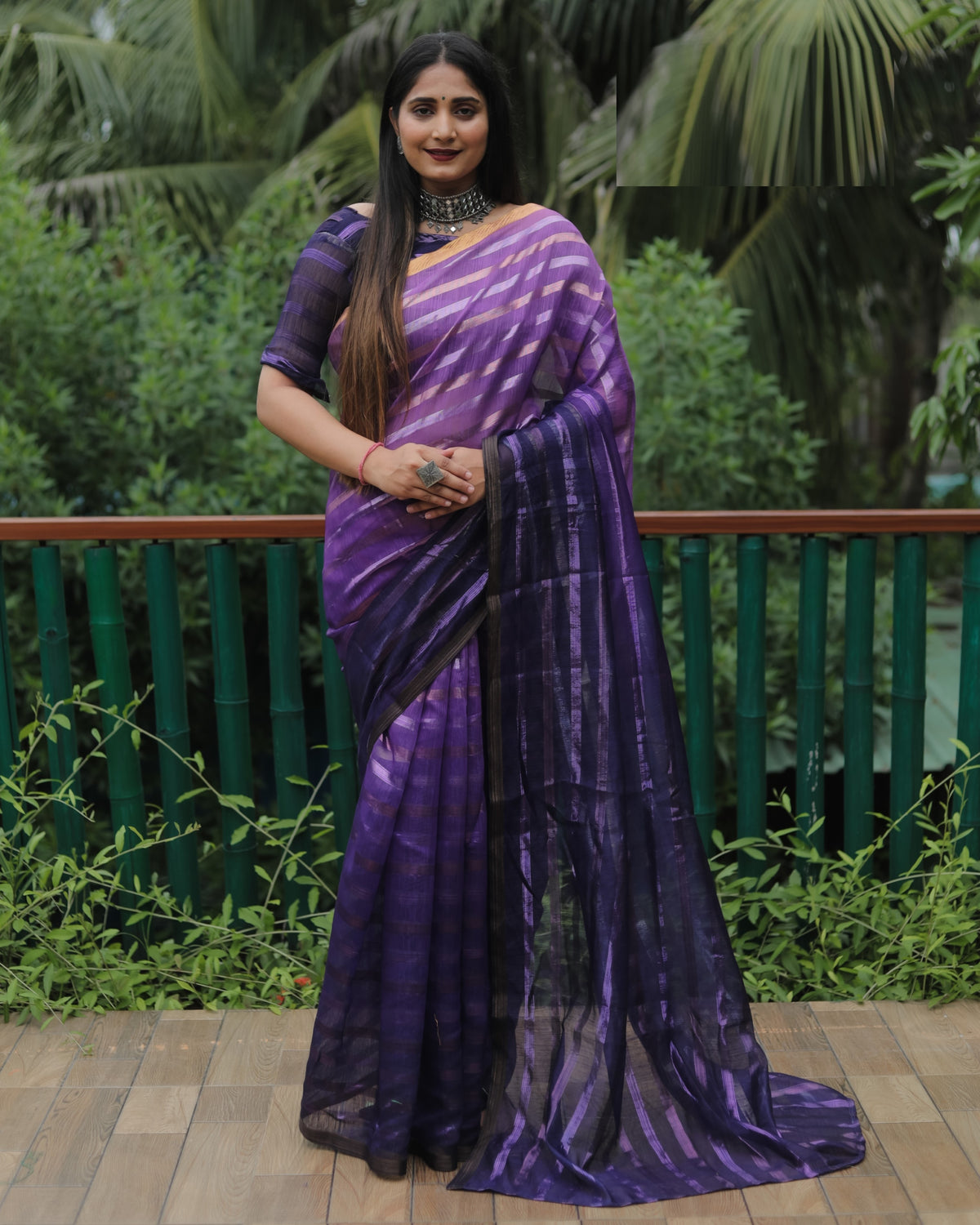 Purple High Quality Original Soft Linen Silk Saree With Golden Weaving Stripe