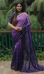 Purple High Quality Original Soft Linen Silk Saree With Golden Weaving Stripe