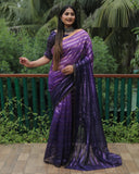 Purple High Quality Original Soft Linen Silk Saree With Golden Weaving Stripe