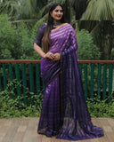 Purple High Quality Original Soft Linen Silk Saree With Golden Weaving Stripe