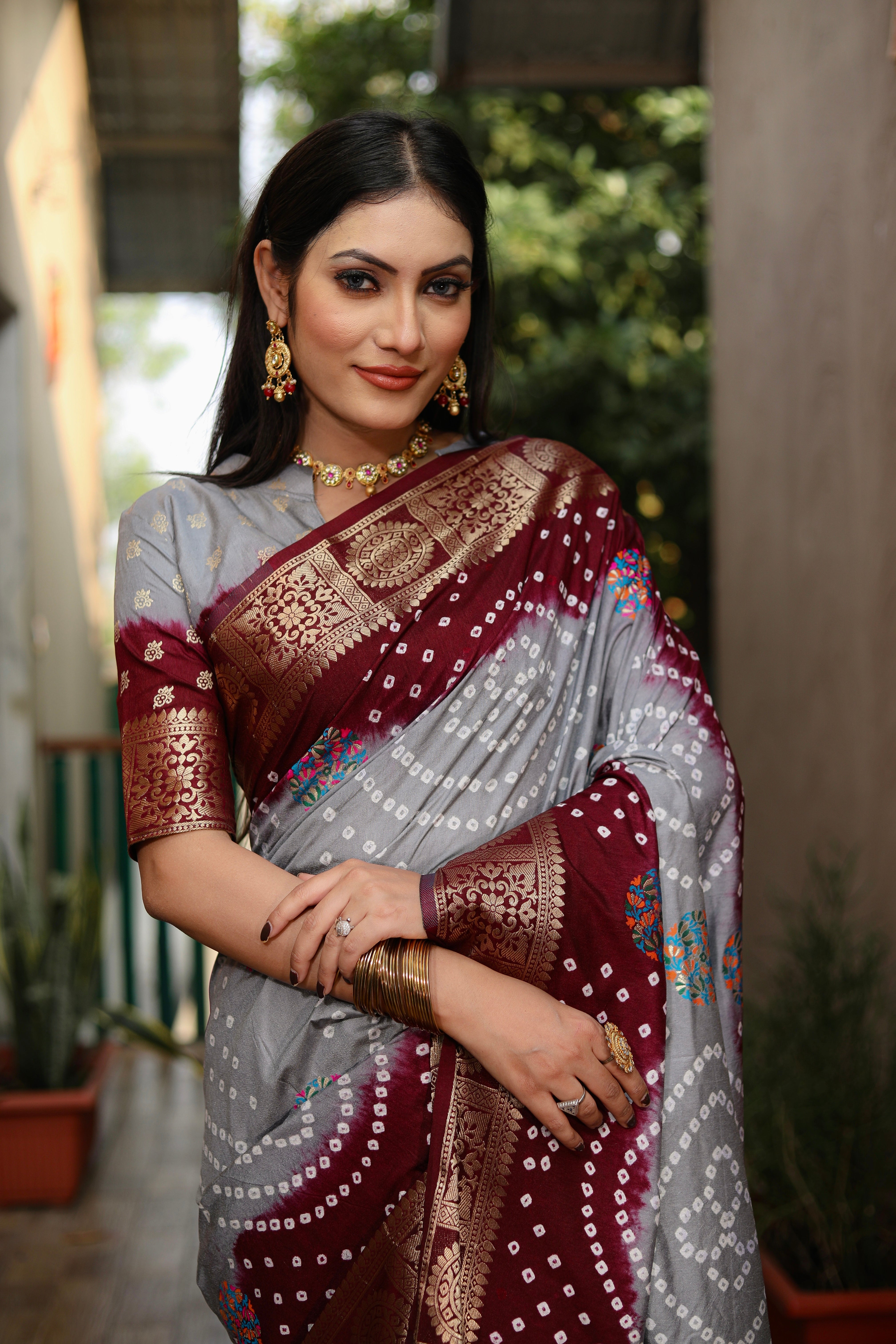 Beautiful Bandhej design silk saree with Zari Weaving