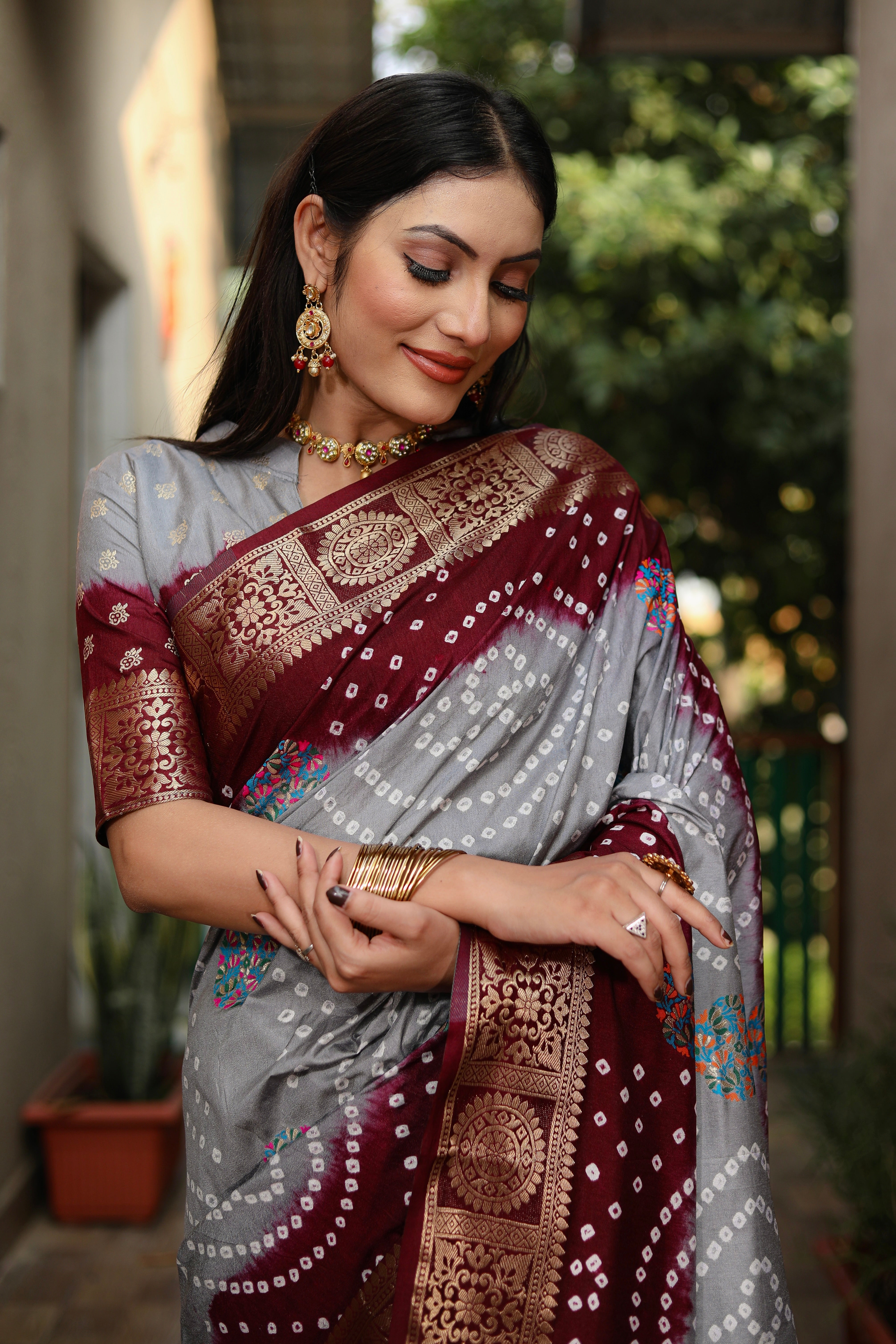 Beautiful Bandhej design silk saree with Zari Weaving