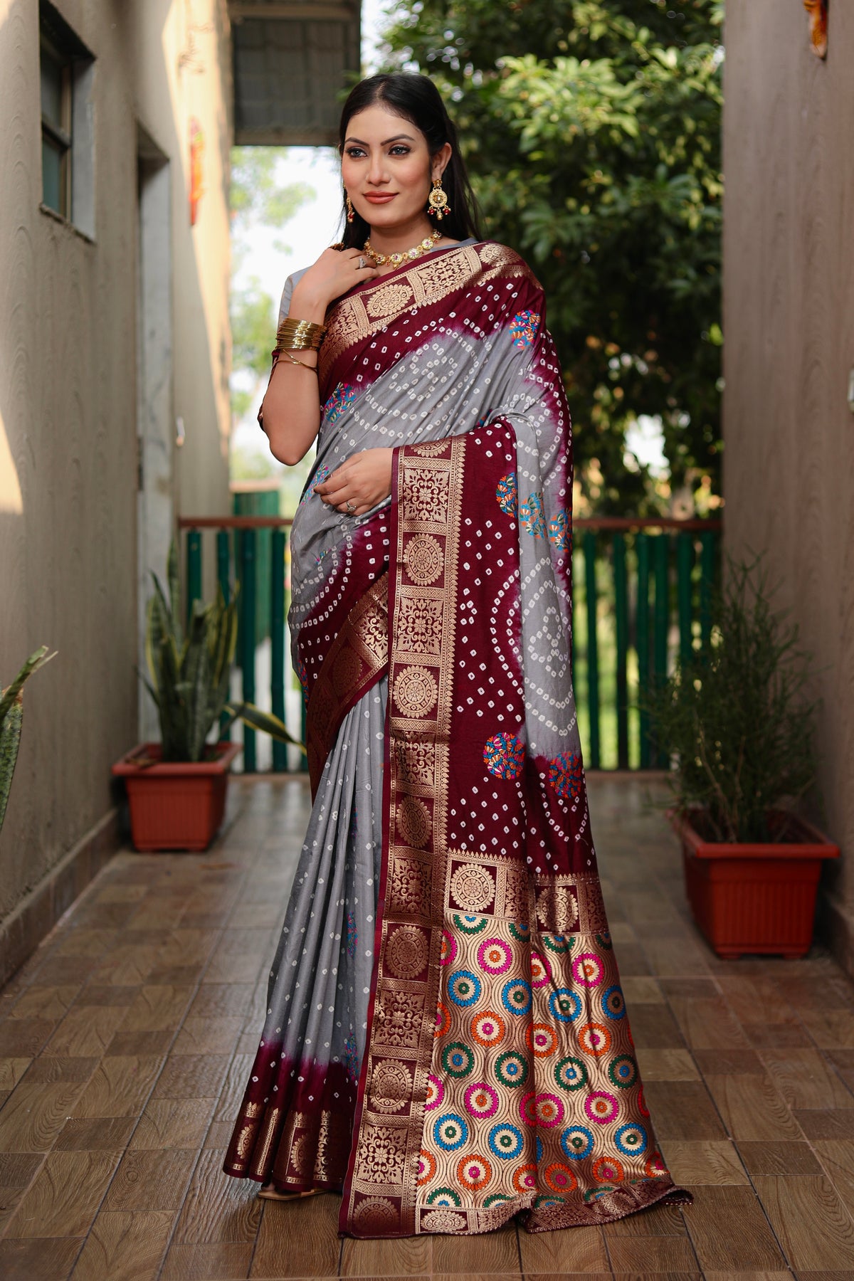 Beautiful Bandhej design silk saree with Zari Weaving