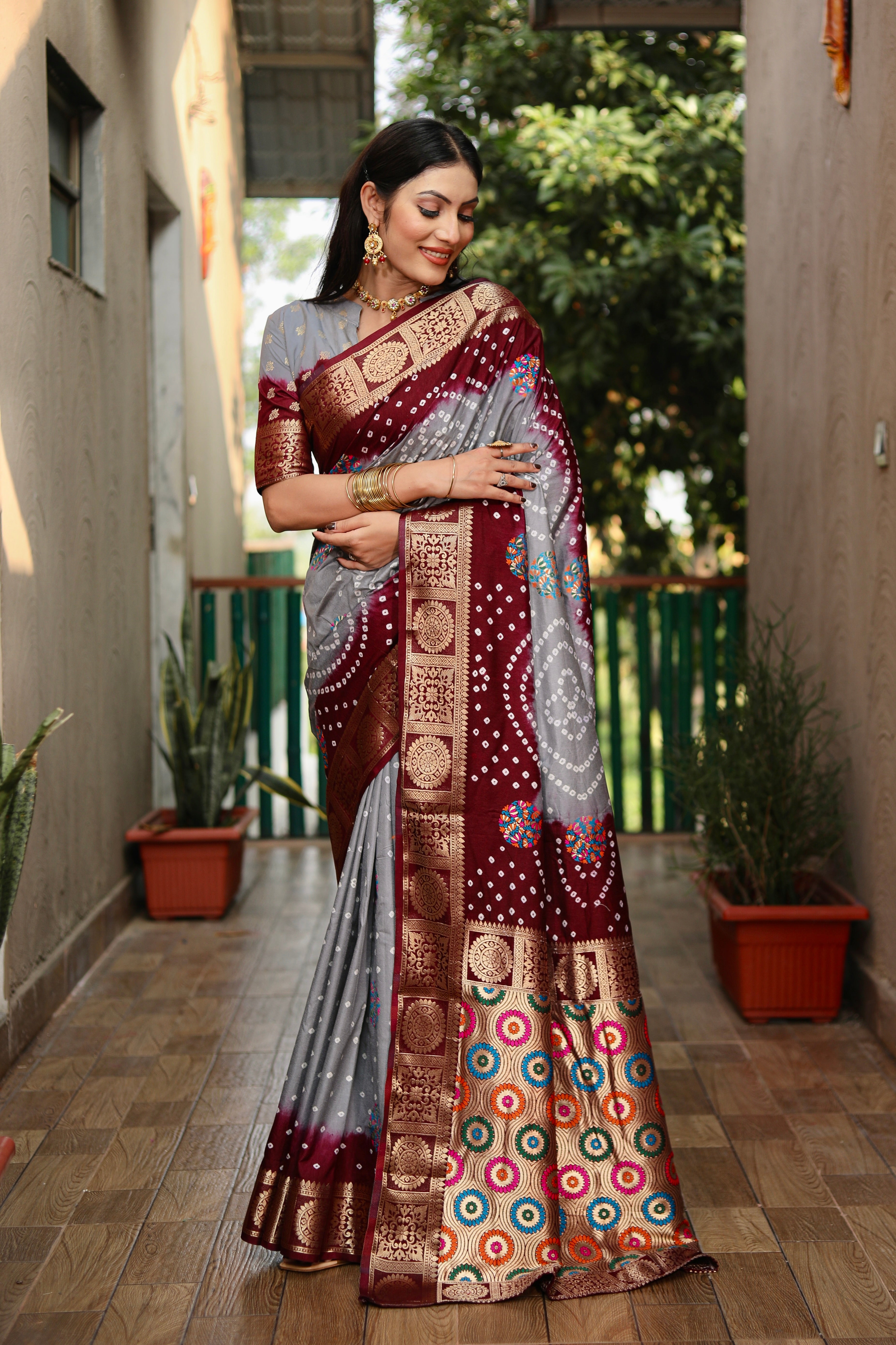 Beautiful Bandhej design silk saree with Zari Weaving