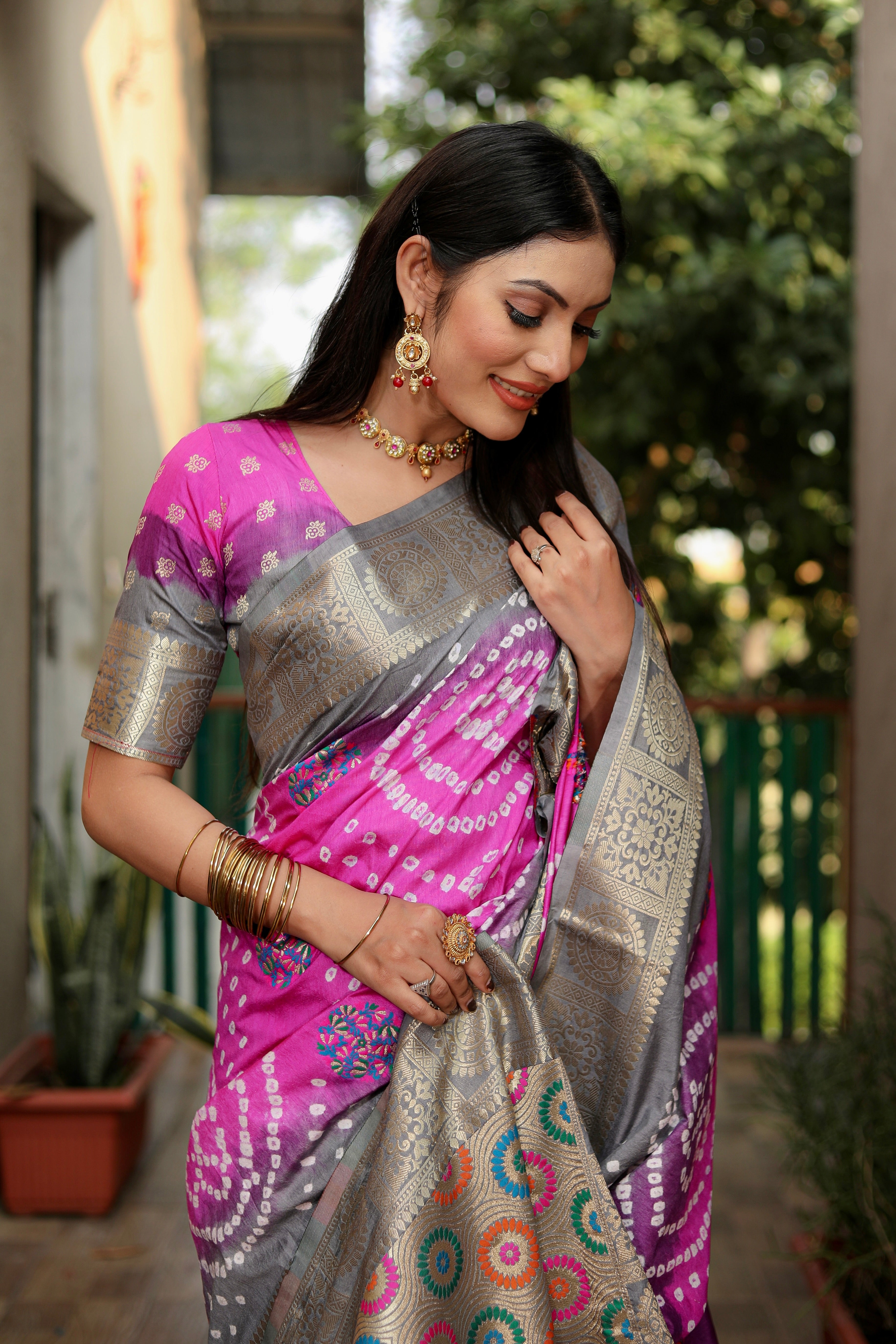 Beautiful Bandhej design silk saree with Zari Weaving