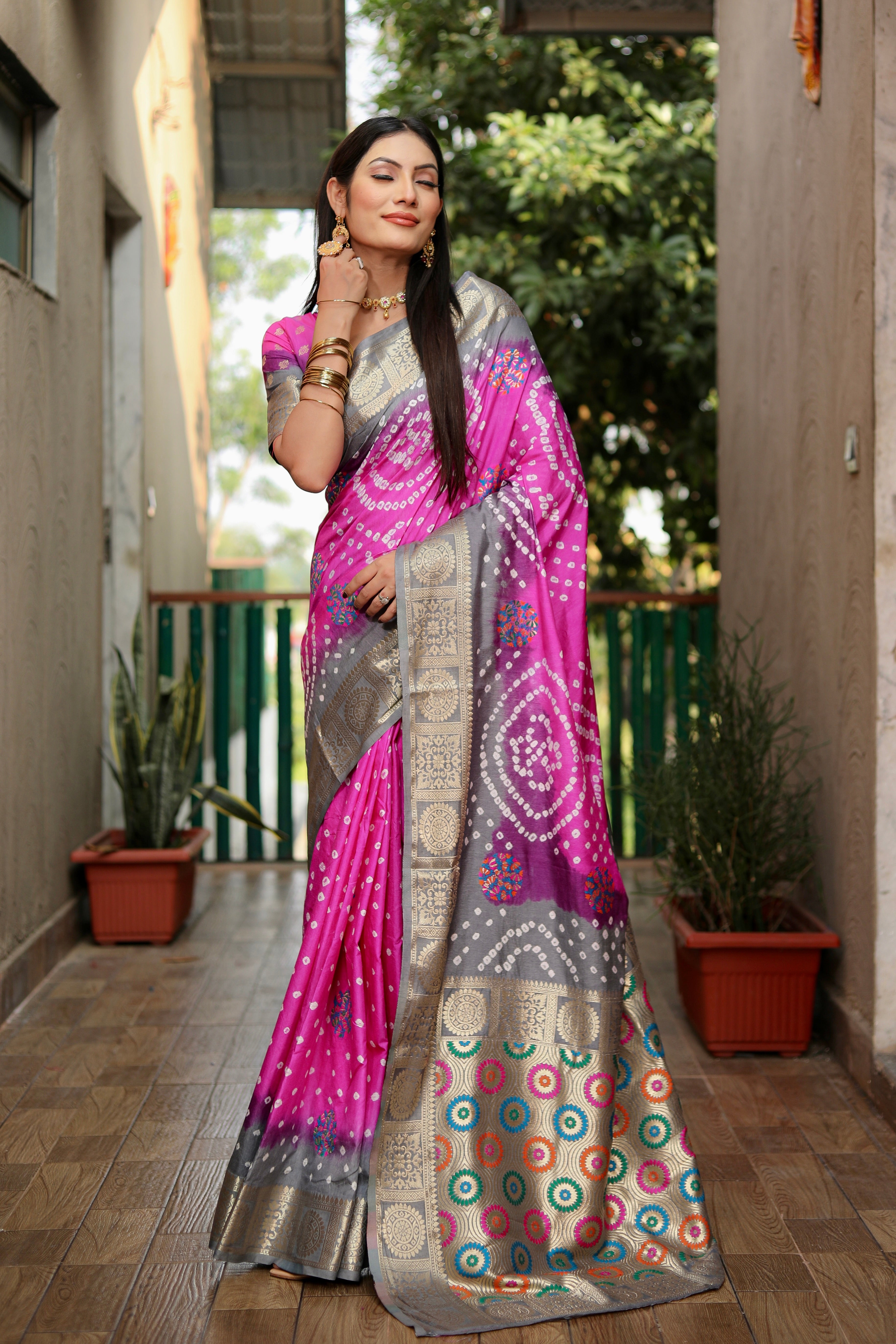 Beautiful Bandhej design silk saree with Zari Weaving