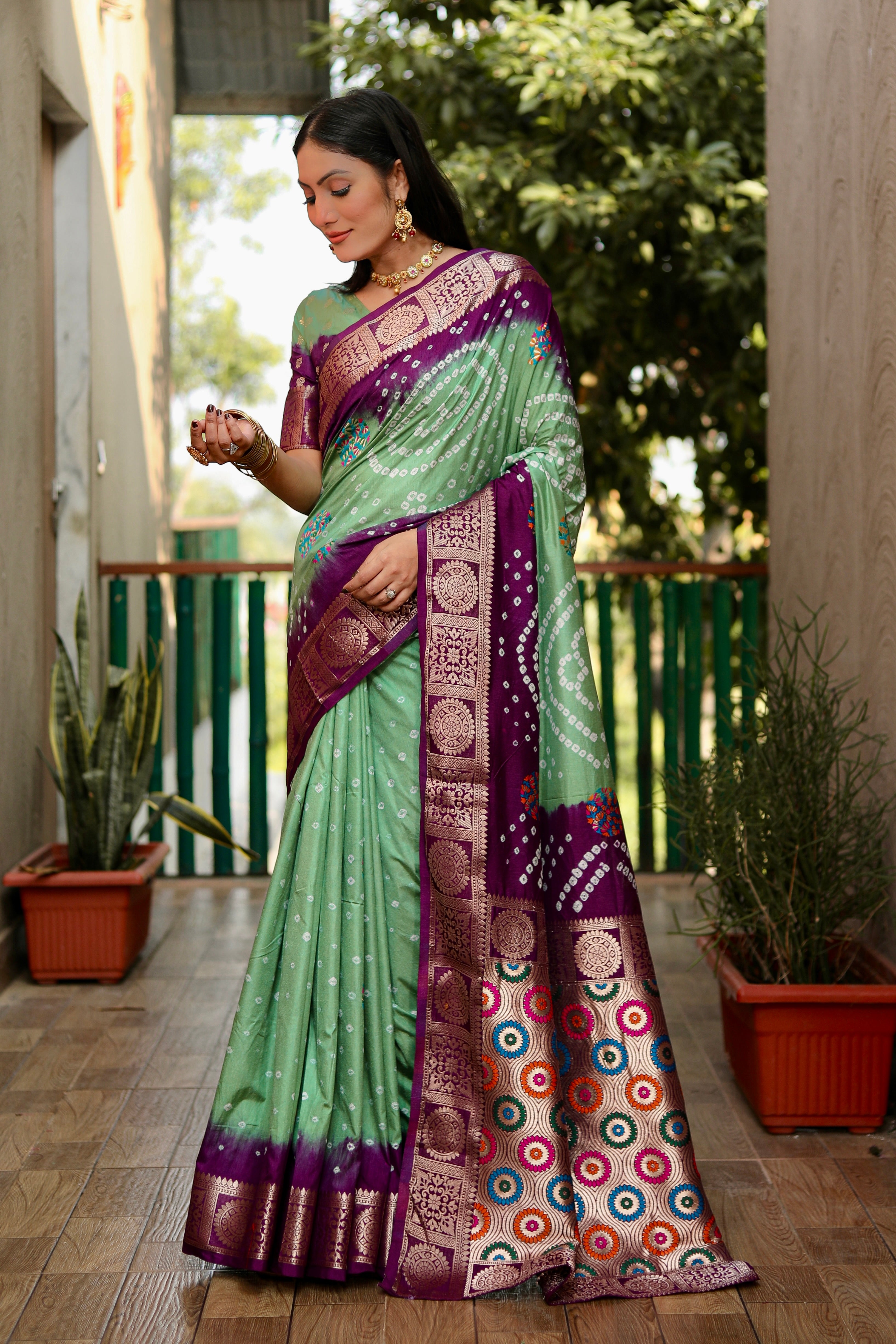 Beautiful Bandhej design silk saree with Zari Weaving