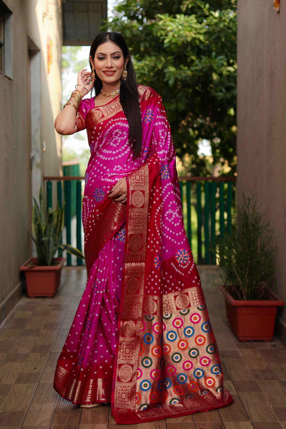 Beautiful Bandhej design silk saree with Zari Weaving