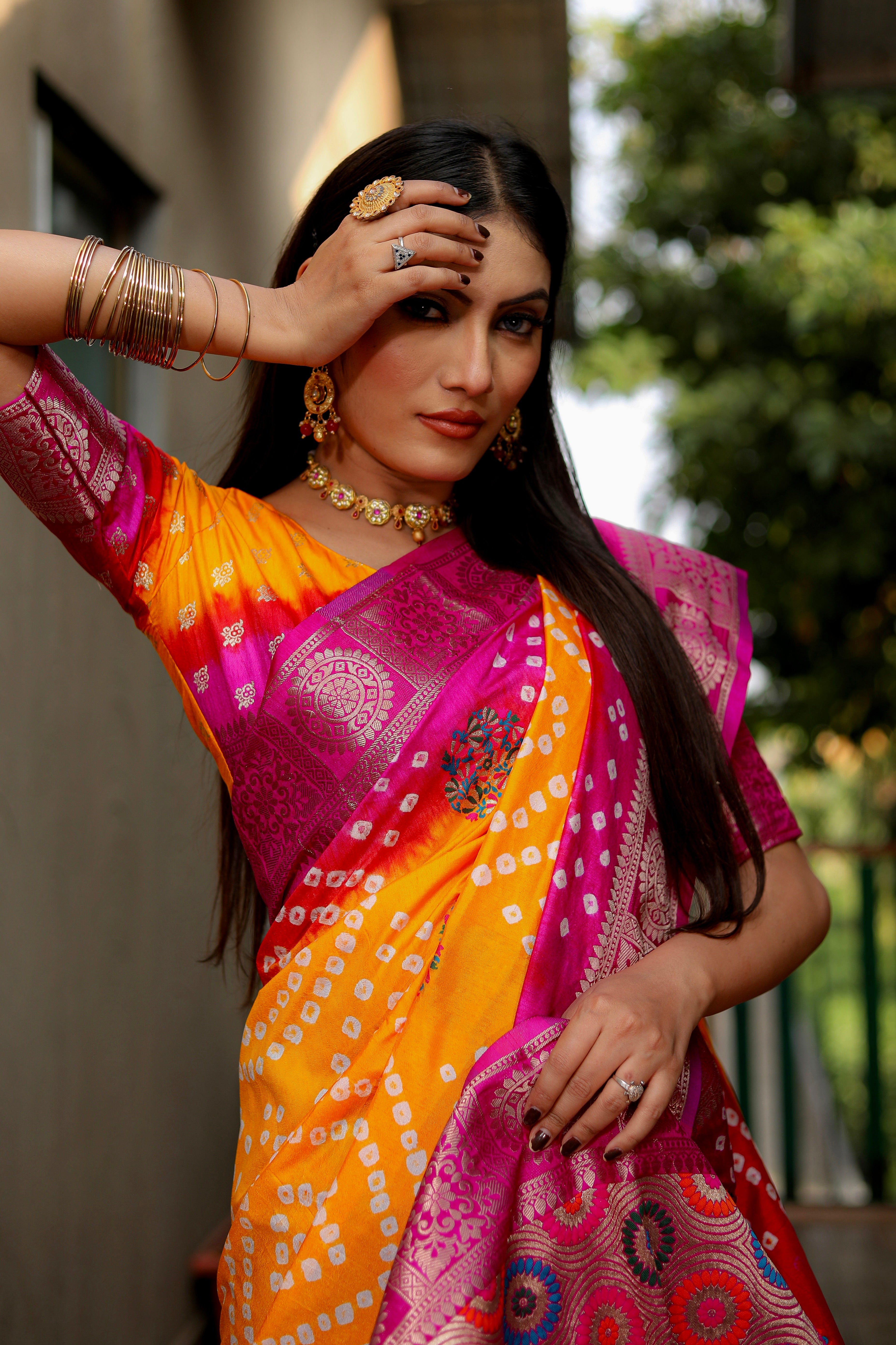 Beautiful Bandhej design silk saree with Zari Weaving