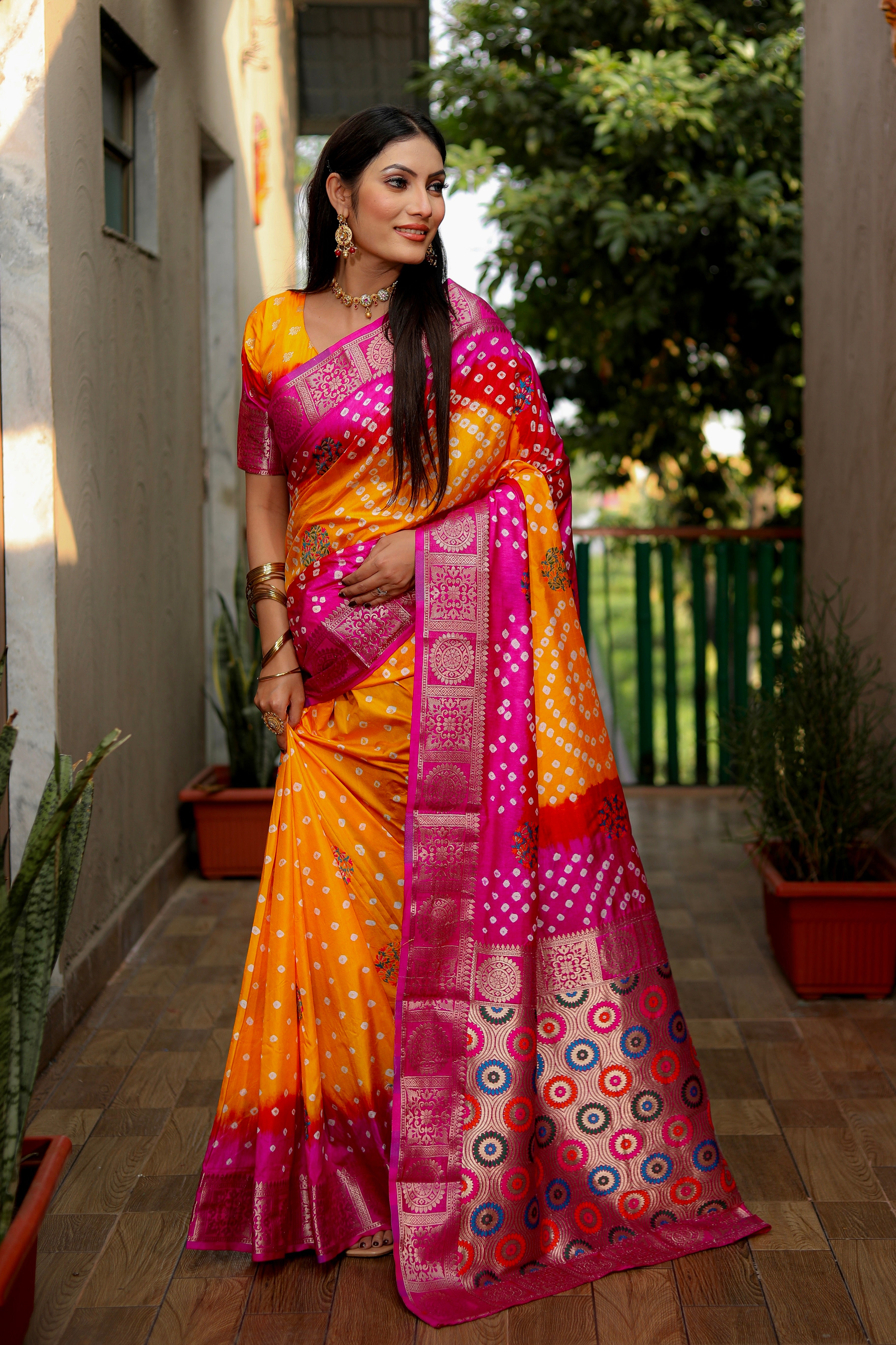 Beautiful Bandhej design silk saree with Zari Weaving