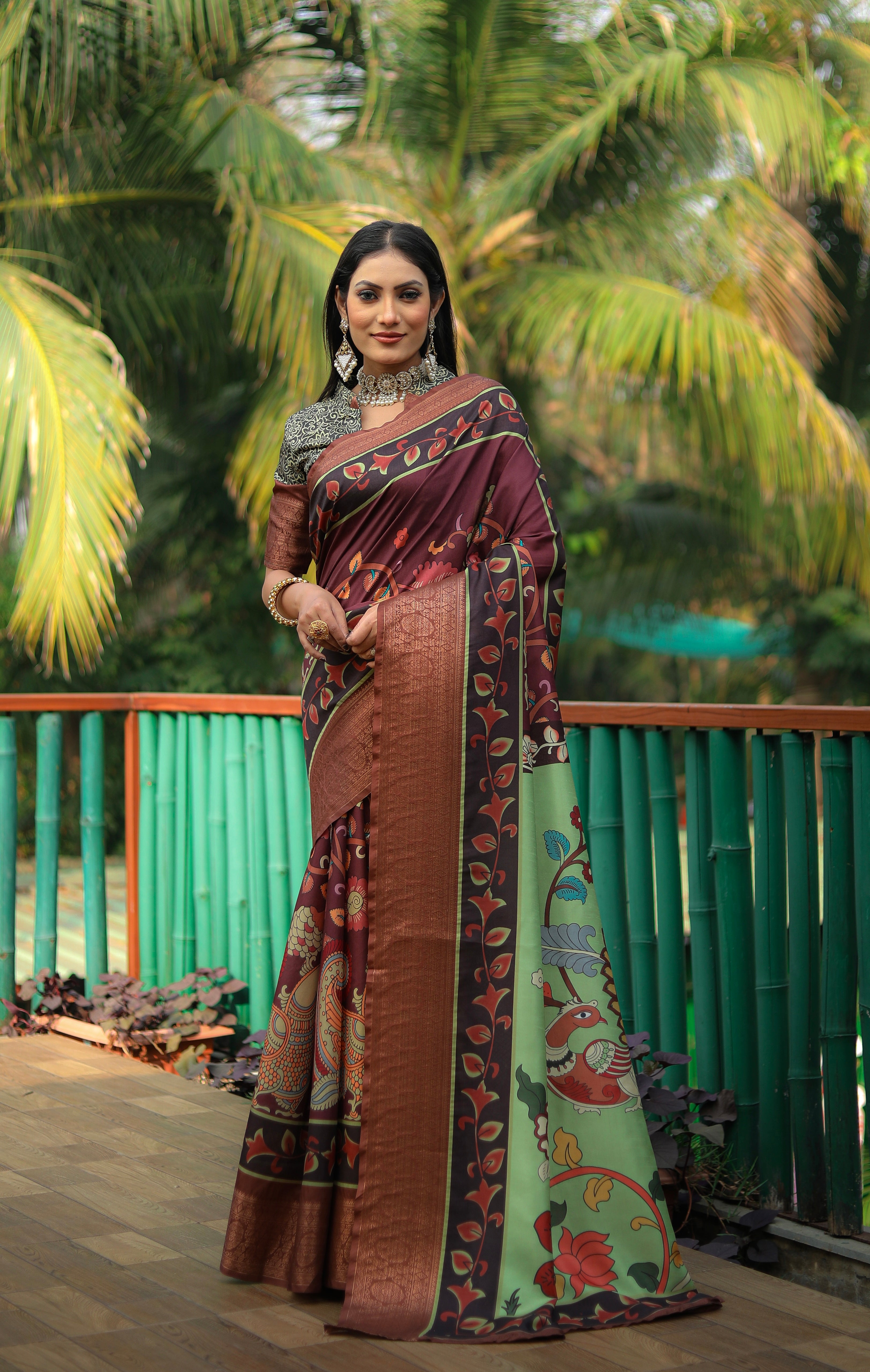 Soft Dola Silk saree with all over Kalamkari Digital prints