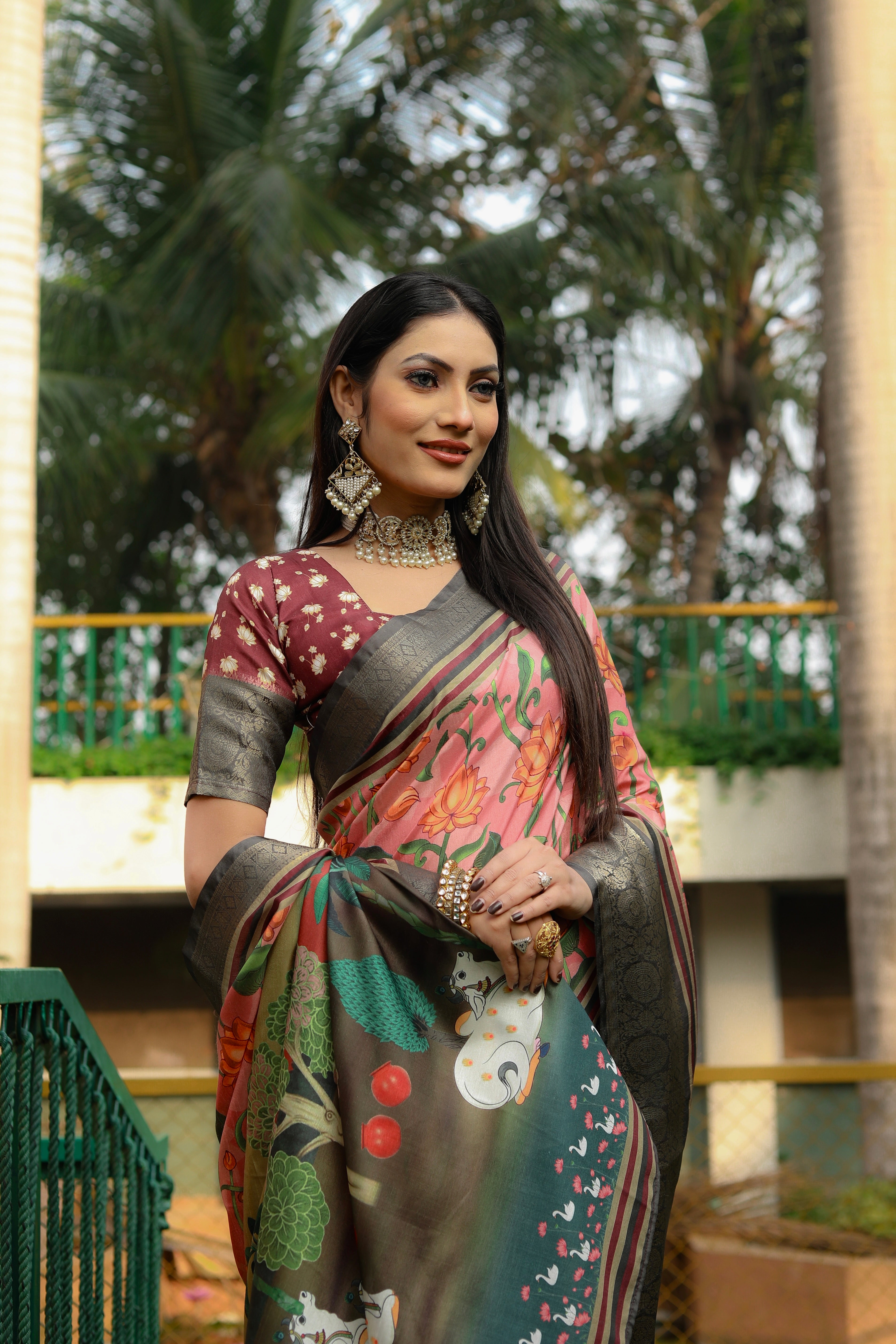 Soft Dola Silk saree with all over Kalamkari Digital prints