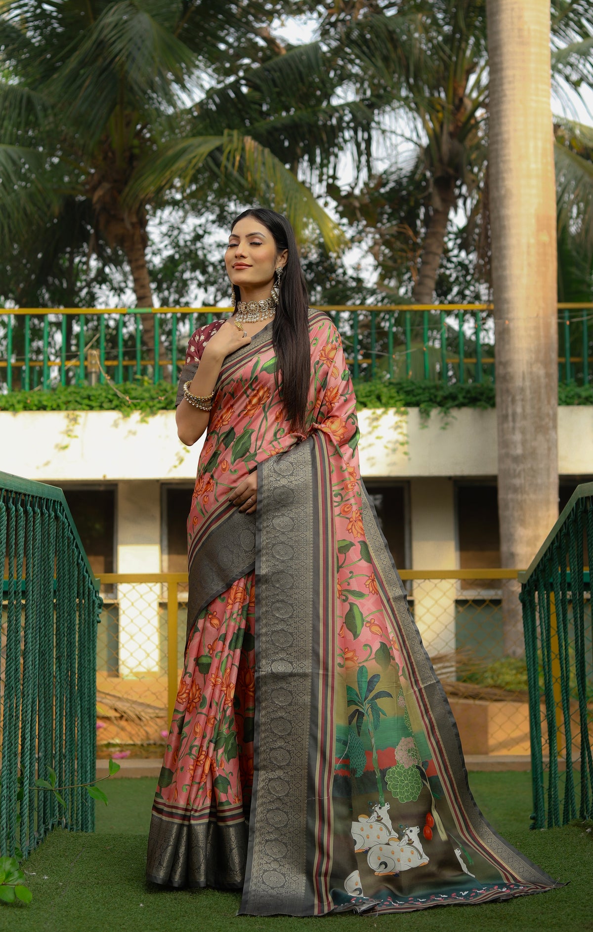 Soft Dola Silk saree with all over Kalamkari Digital prints