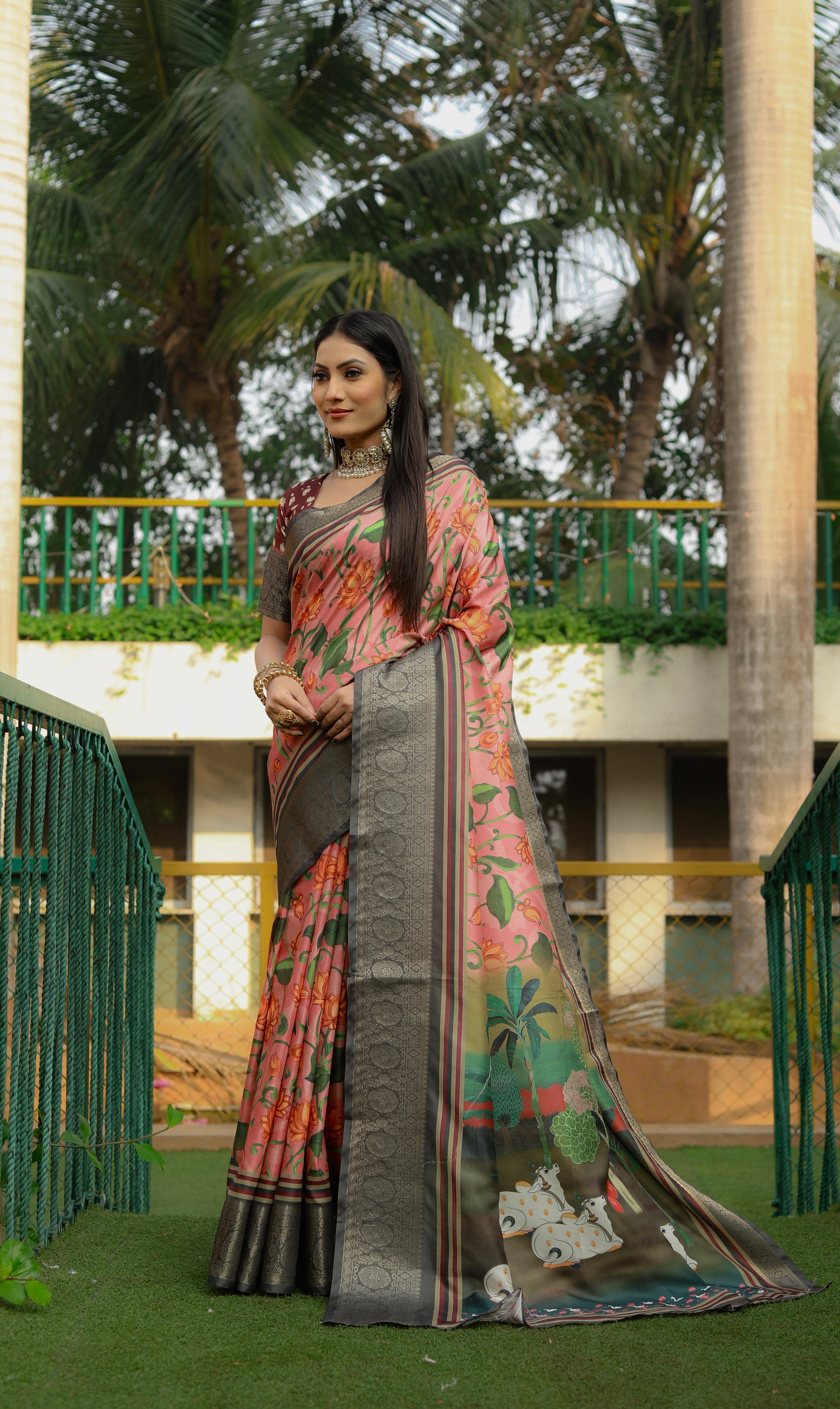 Soft Dola Silk saree with all over Kalamkari Digital prints