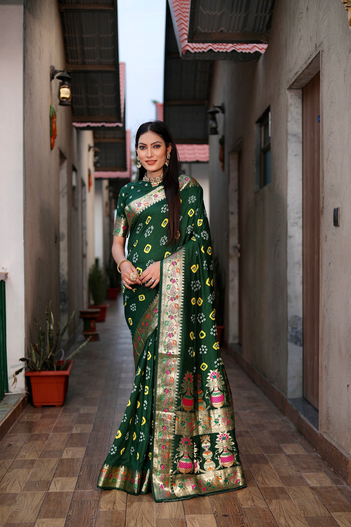 Beautiful Bandhej silk saree with Zari Weaving