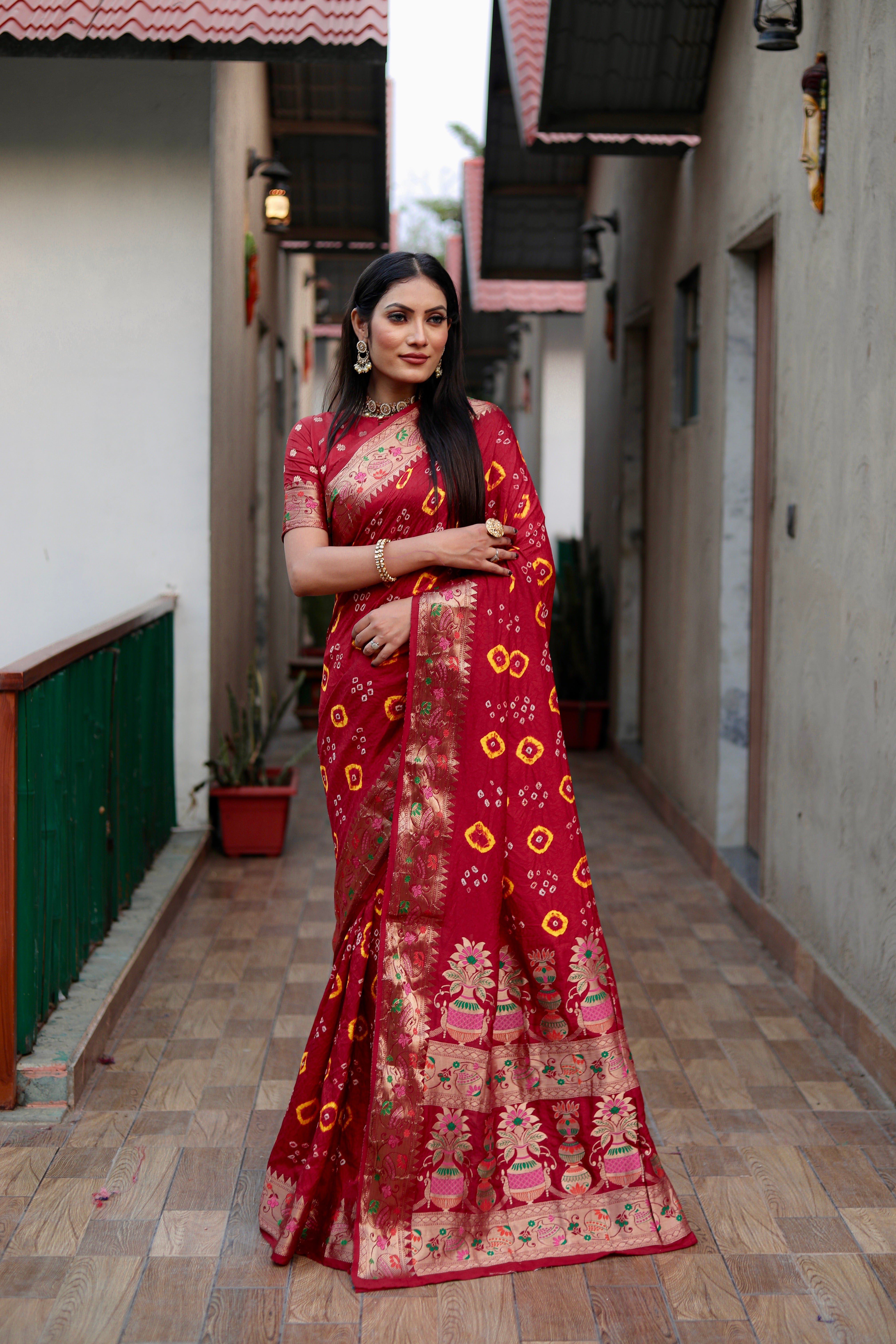 Beautiful Bandhej silk saree with Zari Weaving