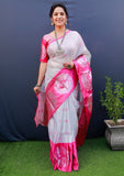 Pink And White Pure Tissue Silk Saree With Silver Zari Weaving