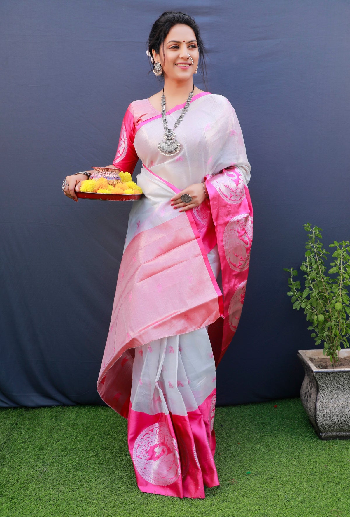 Pink And White Pure Tissue Silk Saree With Silver Zari Weaving