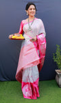 Pink And White Pure Tissue Silk Saree With Silver Zari Weaving