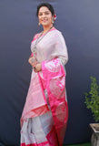 Pink And White Pure Tissue Silk Saree With Silver Zari Weaving