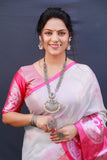 Pink And White Pure Tissue Silk Saree With Silver Zari Weaving