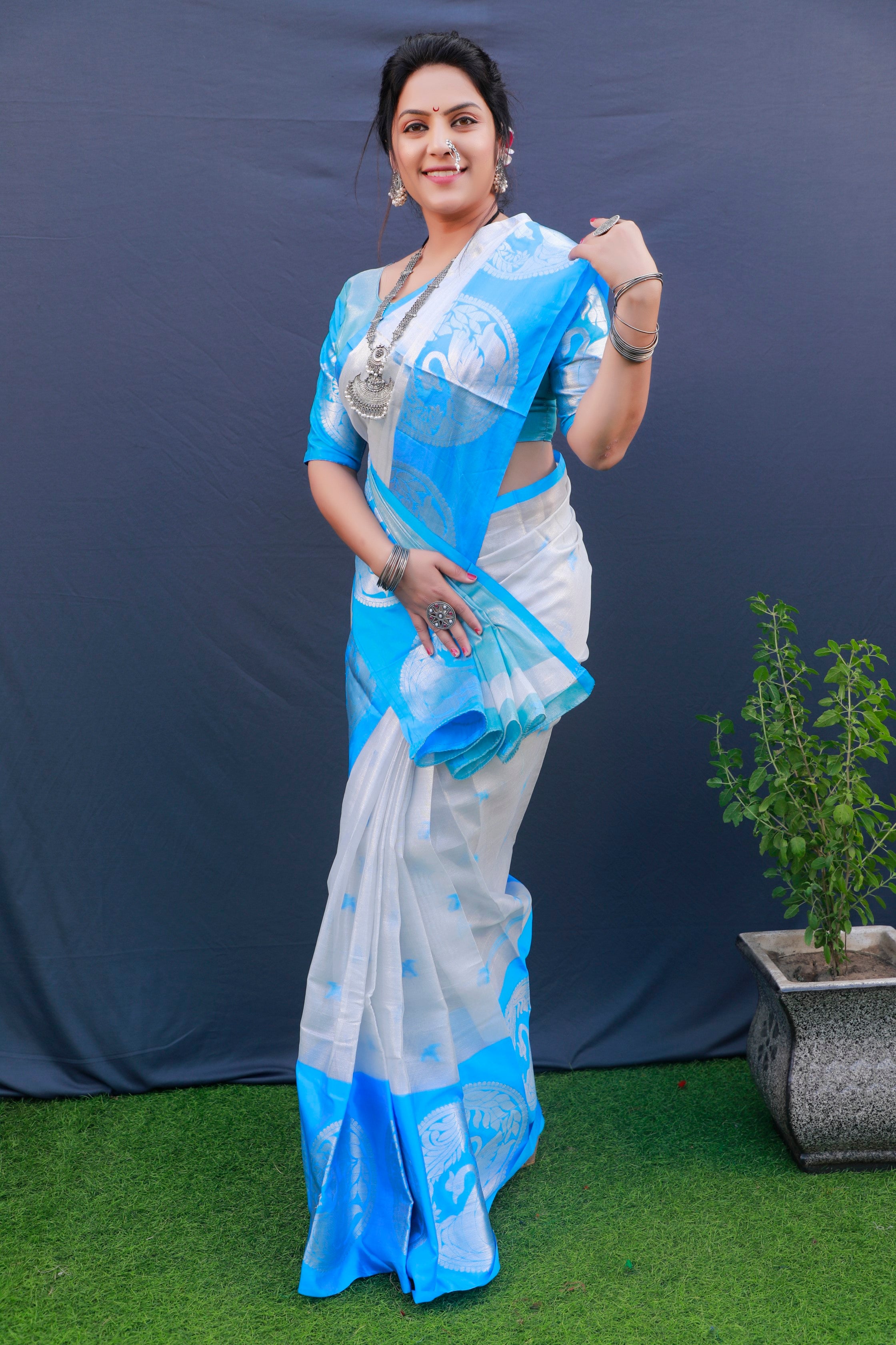 Blue And White Pure Tissue Silk Saree With Silver Zari Weaving