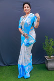 Blue And White Pure Tissue Silk Saree With Silver Zari Weaving