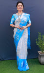 Blue And White Pure Tissue Silk Saree With Silver Zari Weaving