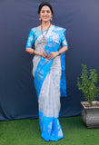 Blue And White Pure Tissue Silk Saree With Silver Zari Weaving