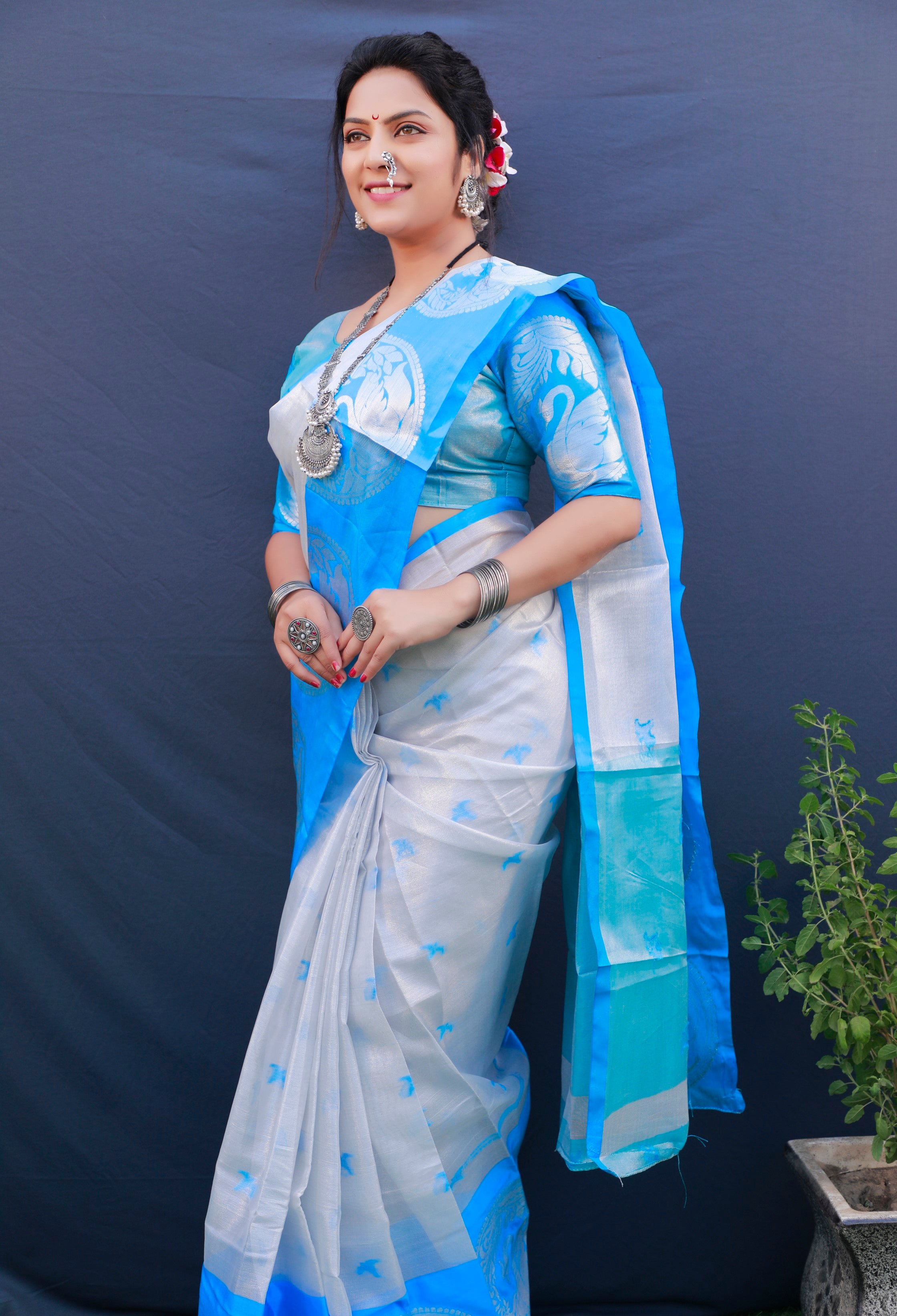 Blue And White Pure Tissue Silk Saree With Silver Zari Weaving