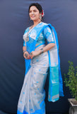 Blue And White Pure Tissue Silk Saree With Silver Zari Weaving