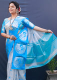 Blue And White Pure Tissue Silk Saree With Silver Zari Weaving