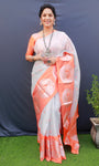 Orange And White Pure Tissue Silk Saree With Silver Zari Weaving