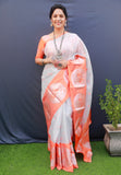 Orange And White Pure Tissue Silk Saree With Silver Zari Weaving