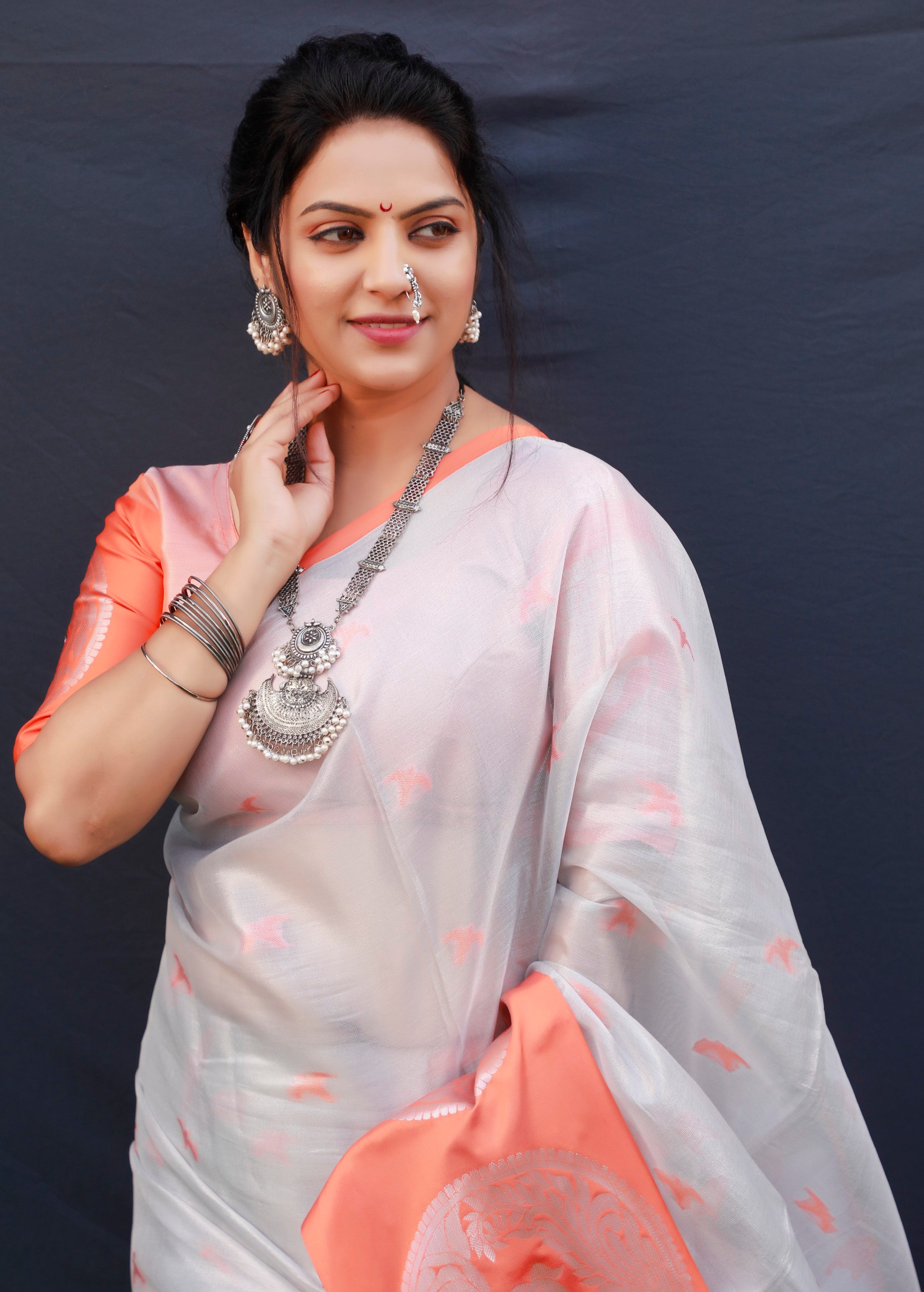 Orange And White Pure Tissue Silk Saree With Silver Zari Weaving