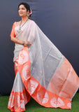 Orange And White Pure Tissue Silk Saree With Silver Zari Weaving