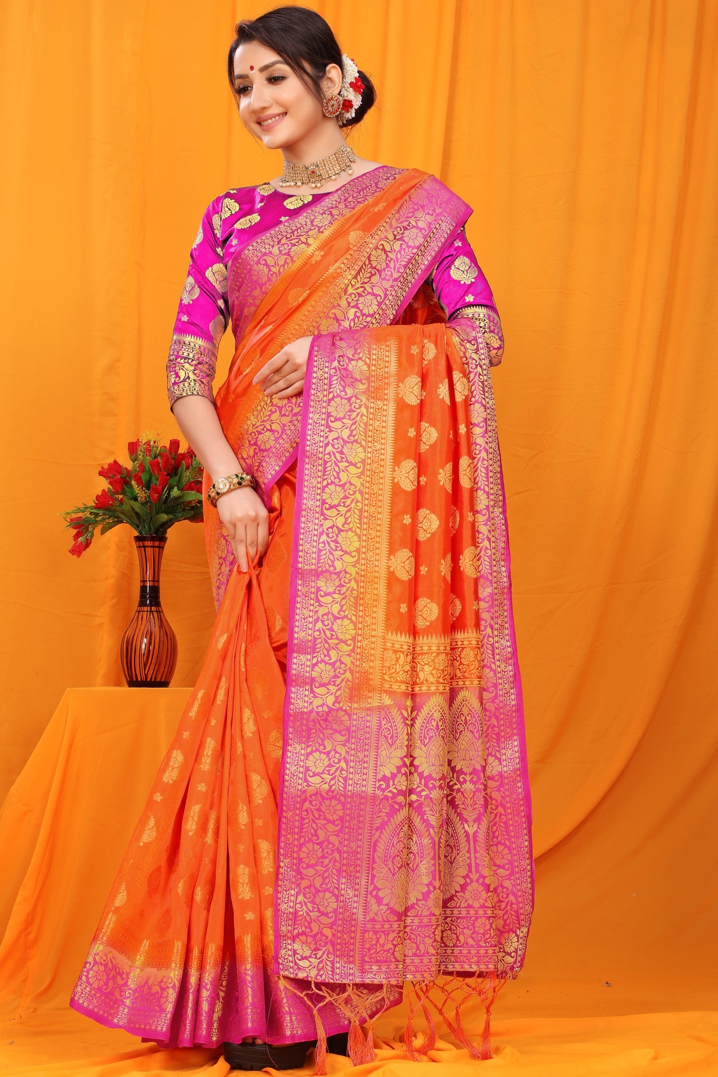 Orange And Pink Pure Silk Kanjivaram Saree With Zari Weaving