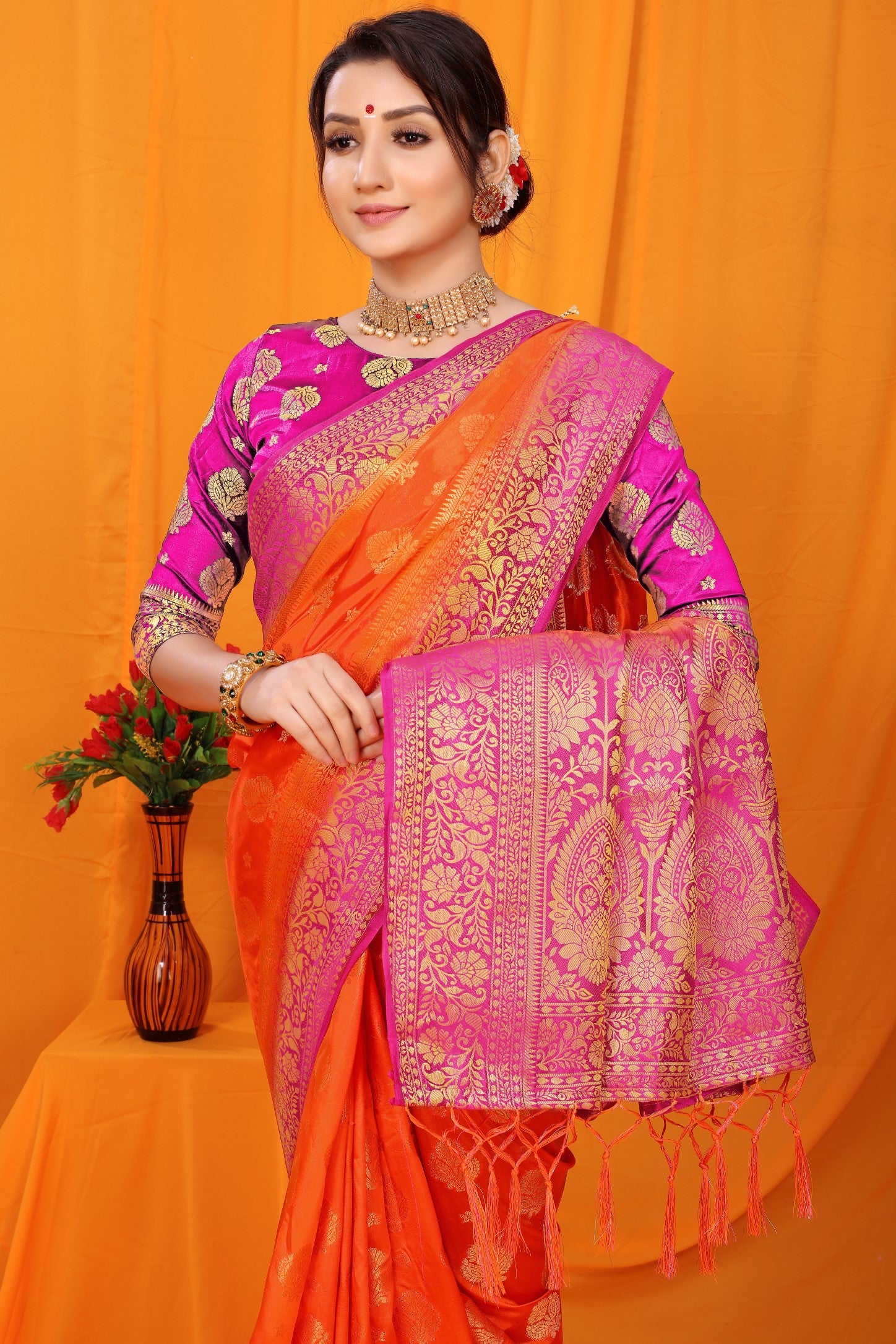 Orange And Pink Pure Silk Kanjivaram Saree With Zari Weaving