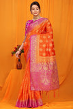 Orange And Pink Pure Silk Kanjivaram Saree With Zari Weaving