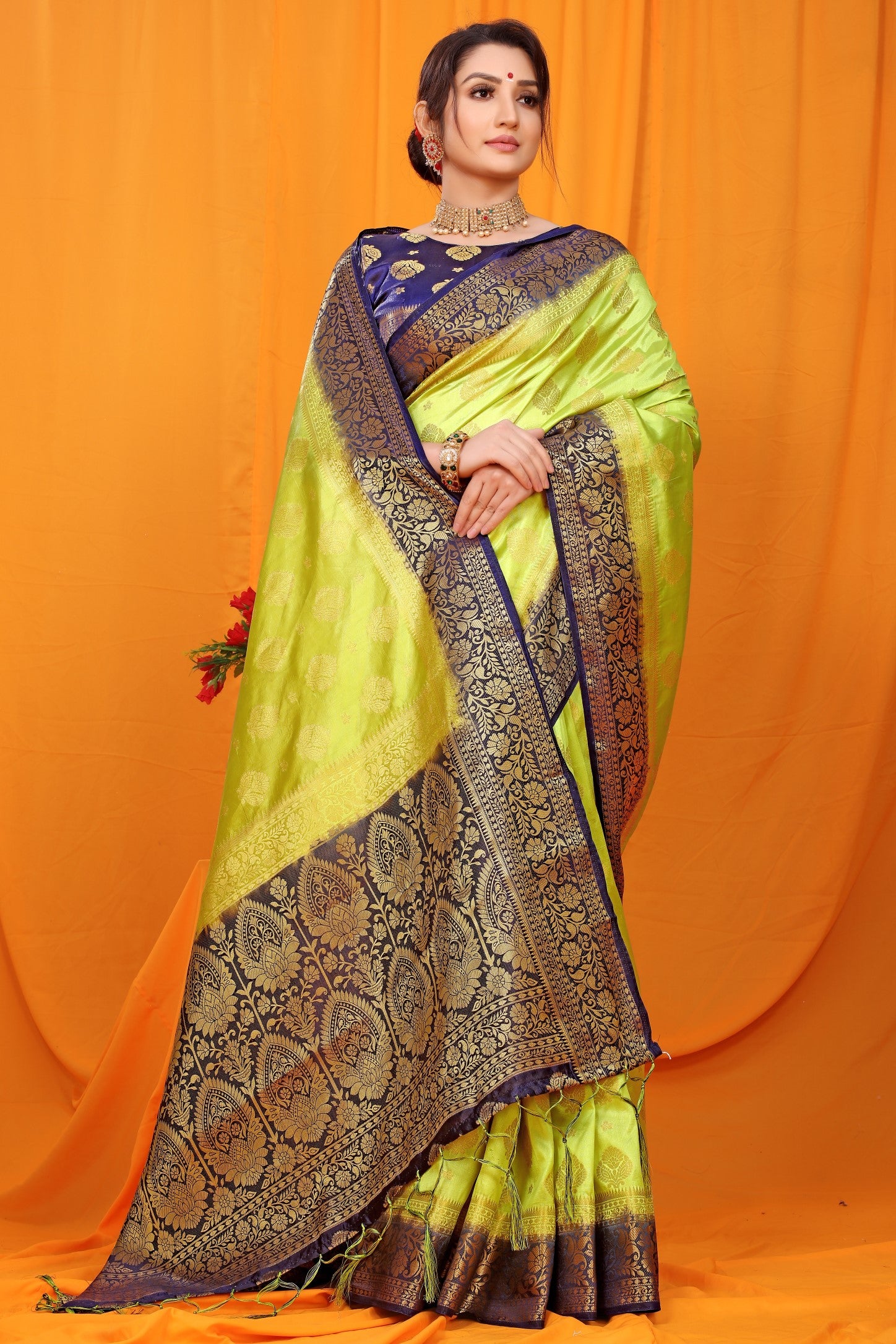 Parrot And Blue Pure Silk Kanjivaram Saree With Zari Weaving