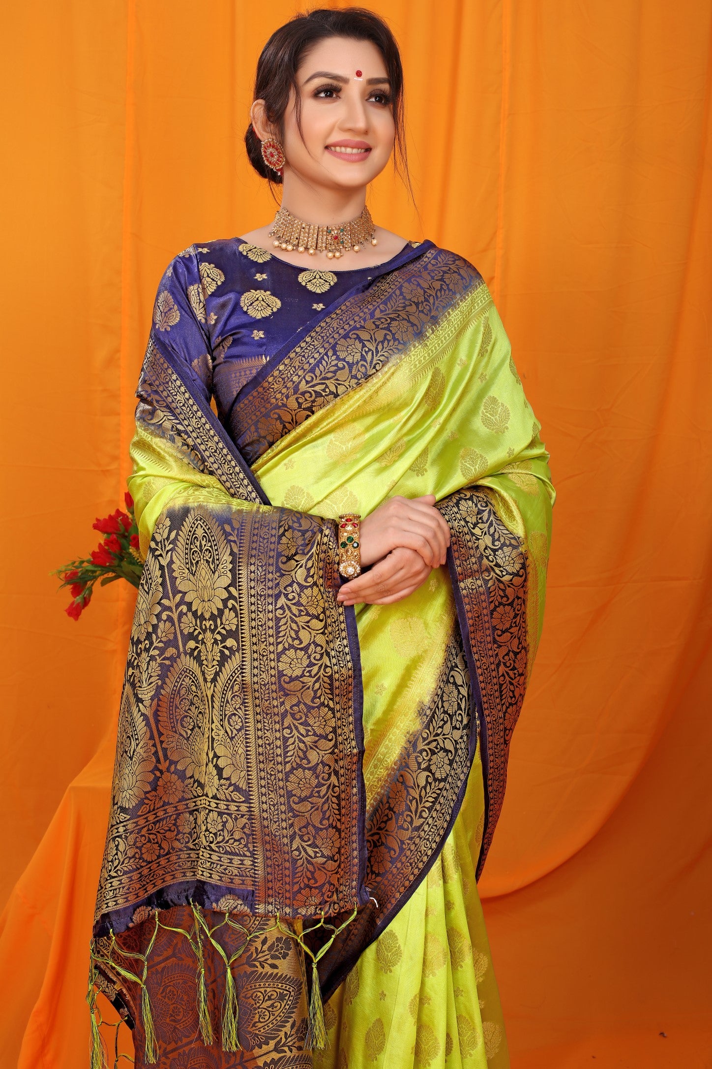 Parrot And Blue Pure Silk Kanjivaram Saree With Zari Weaving