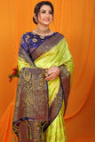 Parrot And Blue Pure Silk Kanjivaram Saree With Zari Weaving