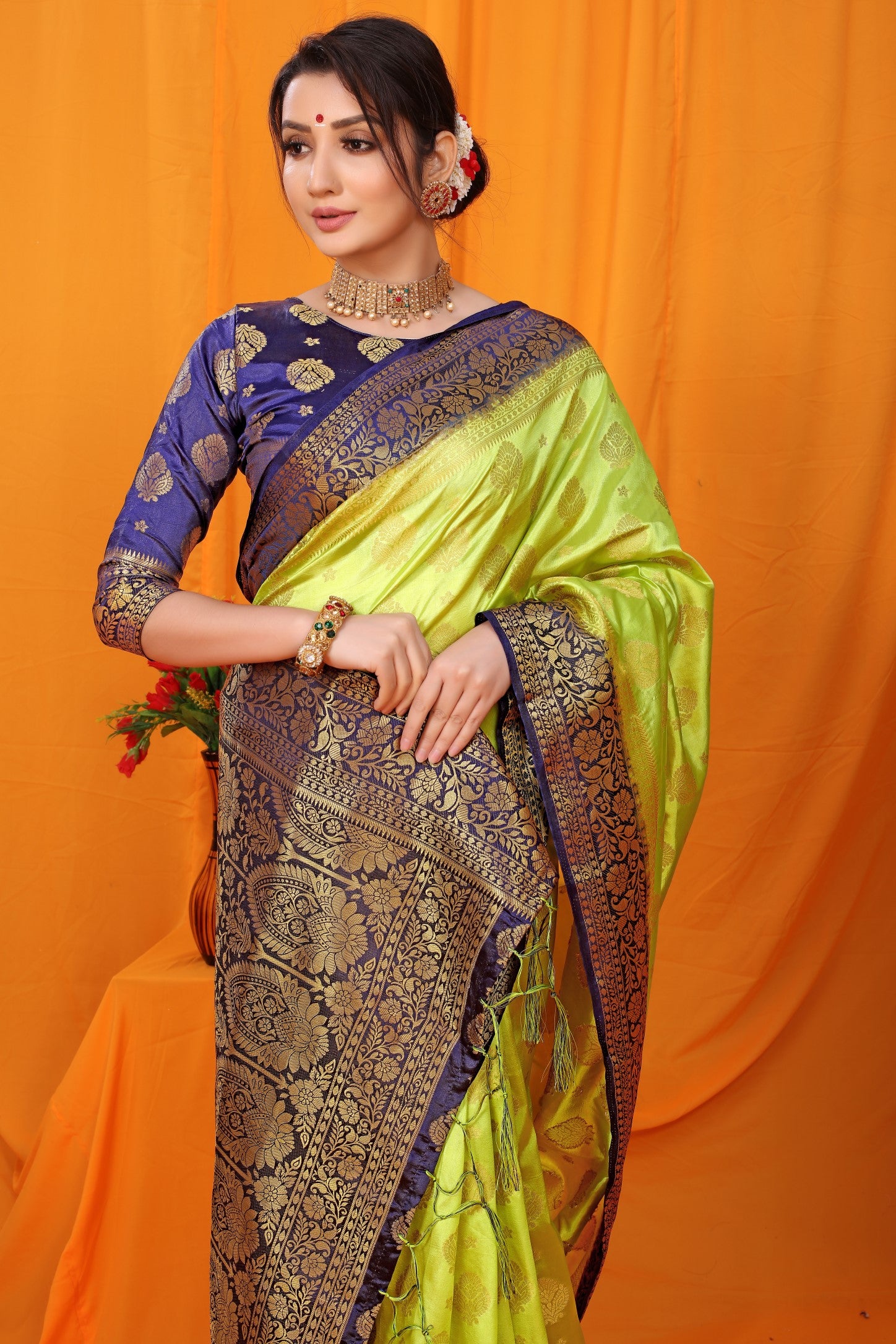 Parrot And Blue Pure Silk Kanjivaram Saree With Zari Weaving