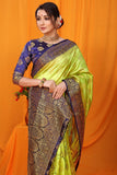 Parrot And Blue Pure Silk Kanjivaram Saree With Zari Weaving