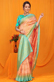 Peach And Sky Pure Silk Kanjivaram Saree With Zari Weaving